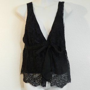 Free People sexy, deep double V, black lace, with self-tie front, partly lined